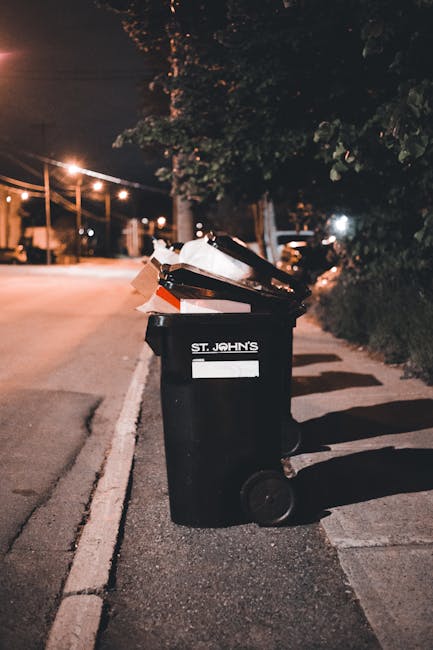 A black wheeled rubbish bin labeled 'ST. JOHN'S' positioned on the pavement beside a curbside on a quiet street at night. The bin lid is open, revealing a collection of mixed waste materials, including cardboard boxes, paper, and plastic. The surrounding environment includes a row of trees casting shadows on the pavement, with streetlights illuminating the scene softly. In the background, there are parked cars and faintly visible buildings, suggesting an urban residential area. The scene hints at private waste disposal or independent rubbish collection, with the bin set out for collection or clearance services. The overall atmosphere is calm with subdued lighting, emphasizing the practicality of rubbish removal in the context of managing waste outside a property, consistent with alternative waste handling solutions often provided by local waste management companies like rubbishclearancewesthampstead.com.